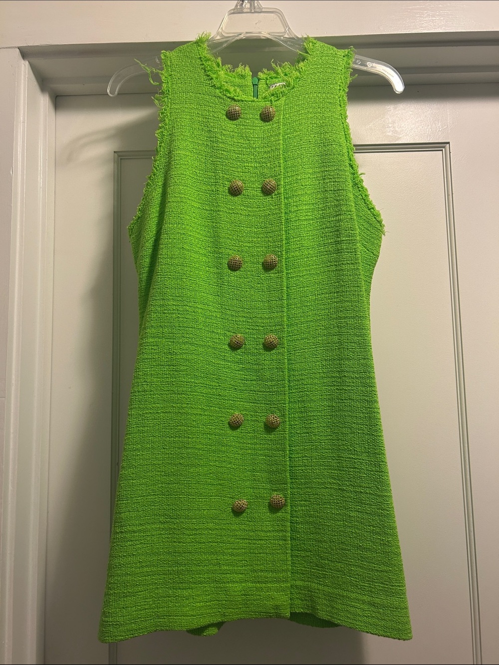 ZARA Neon Green Textured Tweed Shift Dress / Gold Buttons - Medium